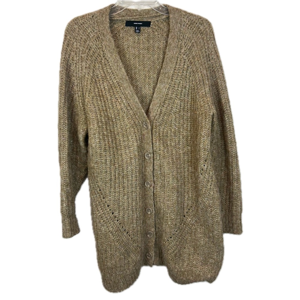 Vero Moda Women's Orina V-Neck Long Cardigan Button Down Size L Large Tan
